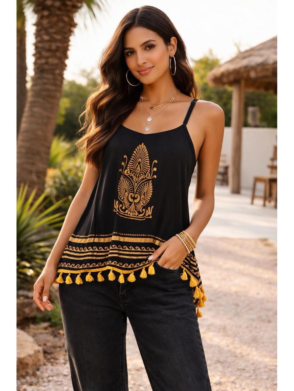 Rhea Tank Top Boho Black Gold Print Tassel Hem Cami Made India OS NWOT A27